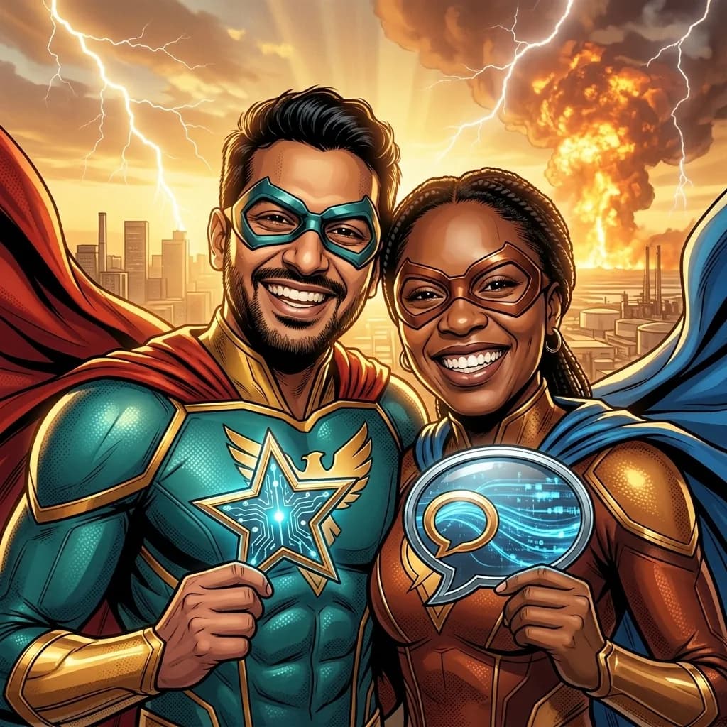 The same portrait restyled as superheroes