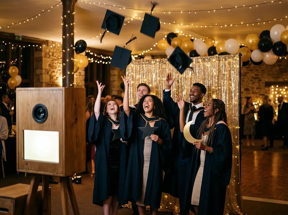 Graduates tossing caps at a photo booth