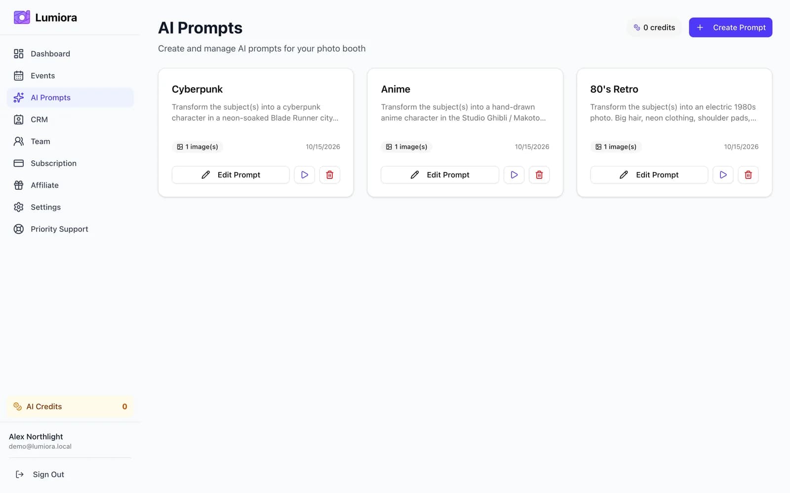Dashboardets AI-promptside med forudindstillede stilarter og editor til egne prompts