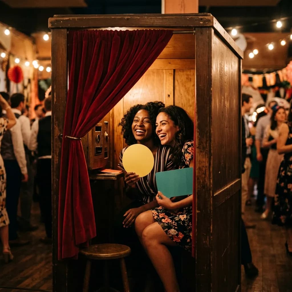 Enclosed photo booth with a curtain