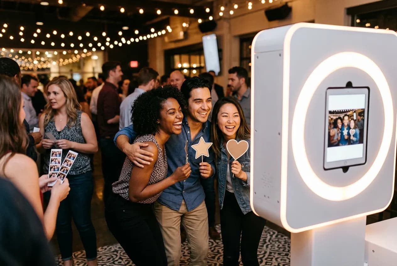 Friends posing in front of a white ring-light tablet photo booth at a party