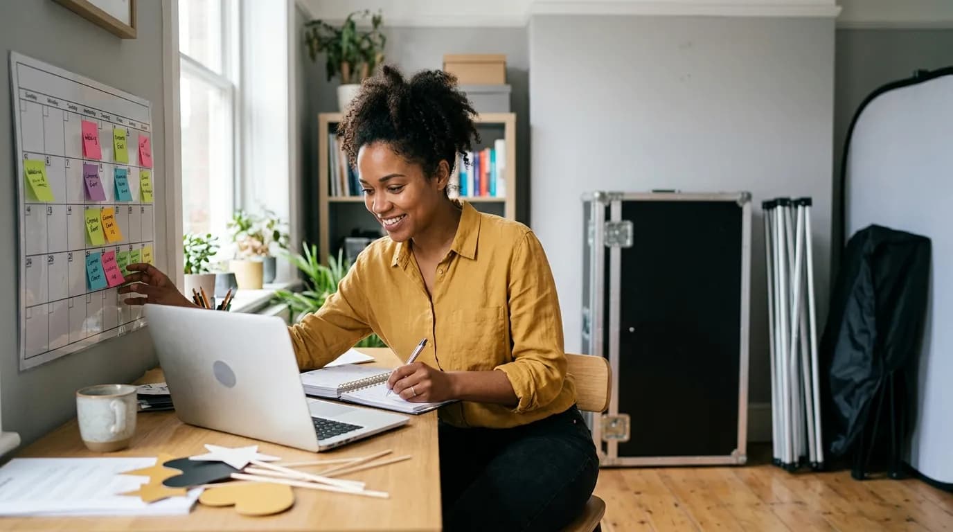 Booth business owner reviewing bookings at a laptop