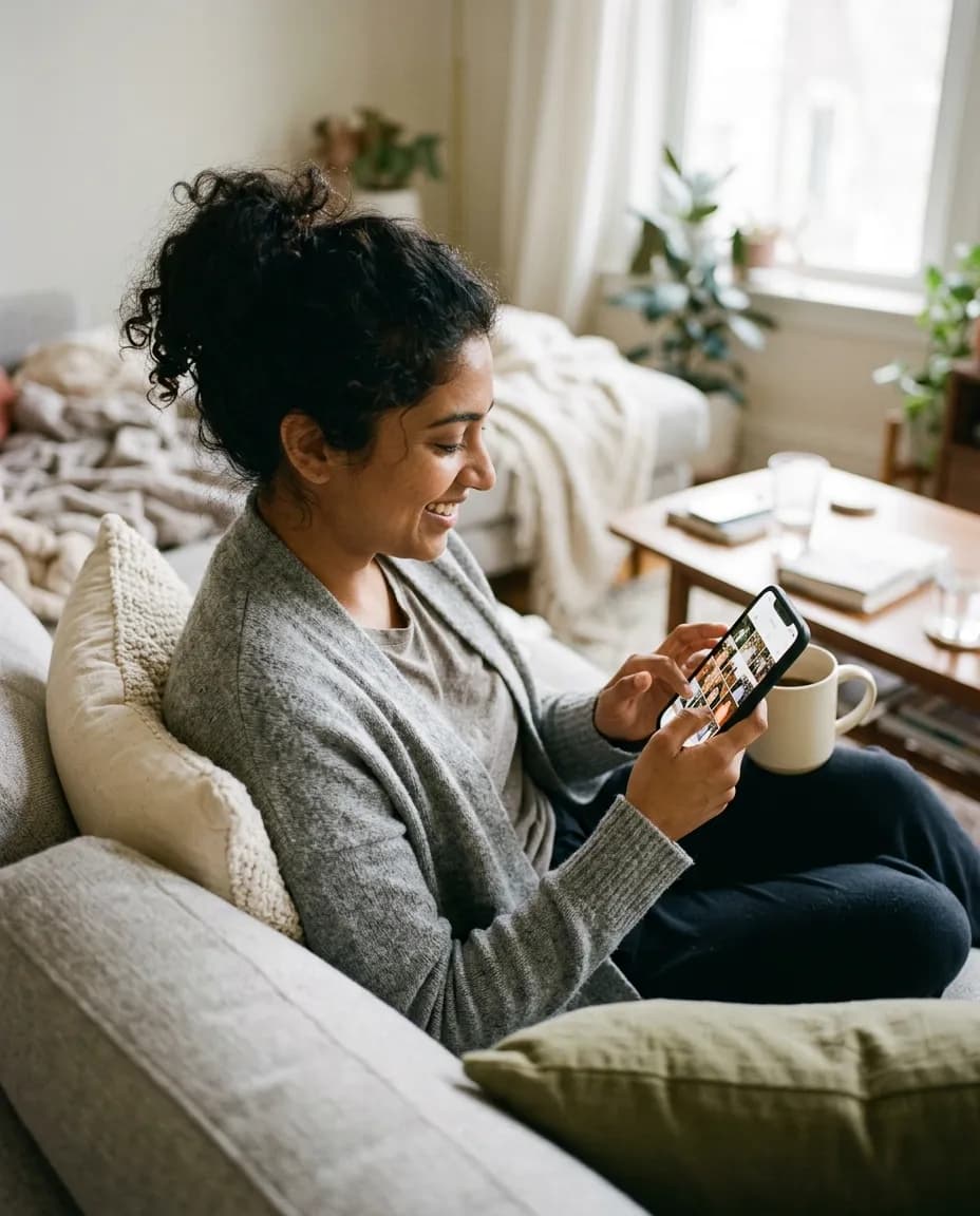 Guest browsing event photos on a phone the morning after