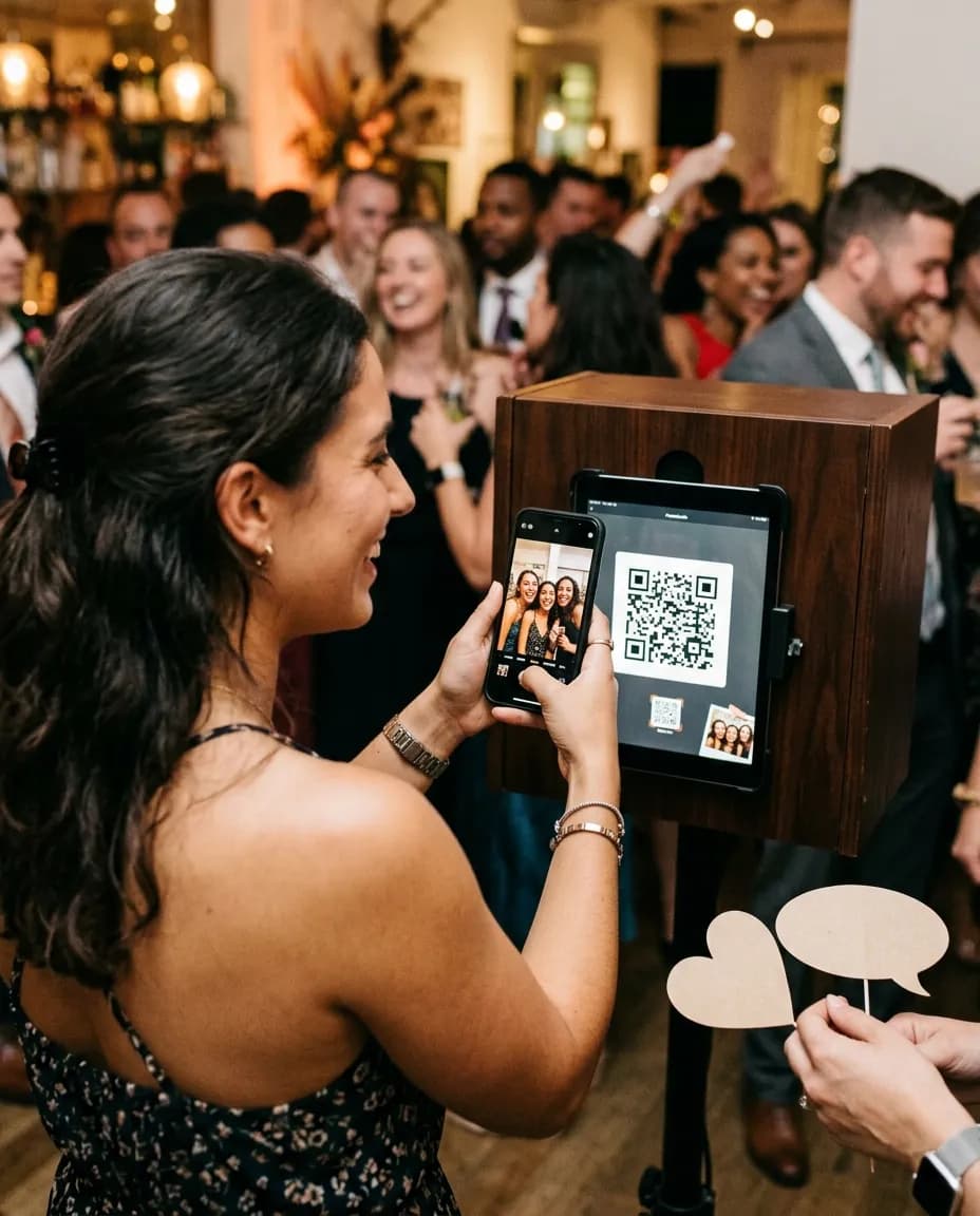 Guest scanning a QR code at the photo booth with a phone