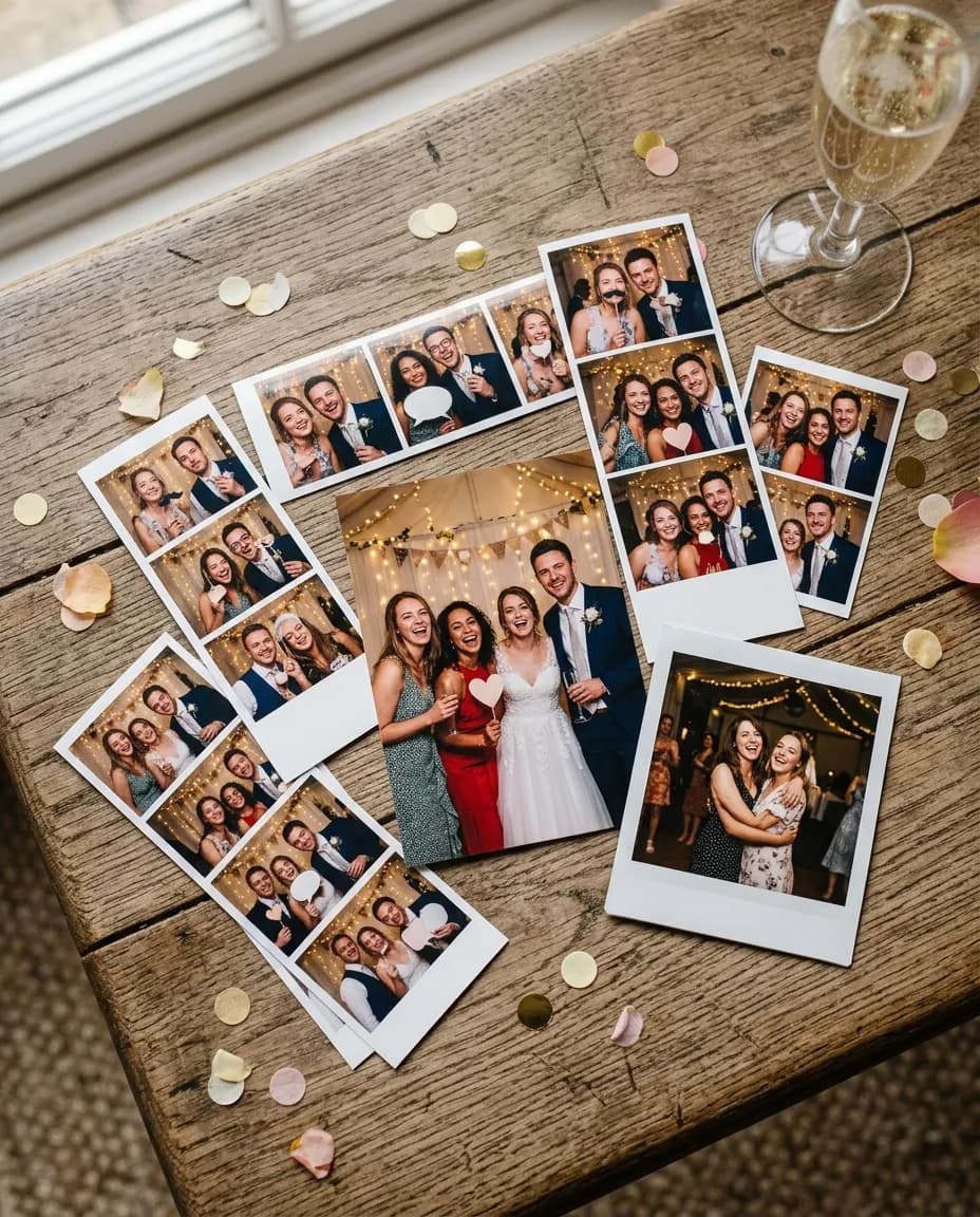 Flat lay of printed photo strips, a postcard and a Polaroid-style print