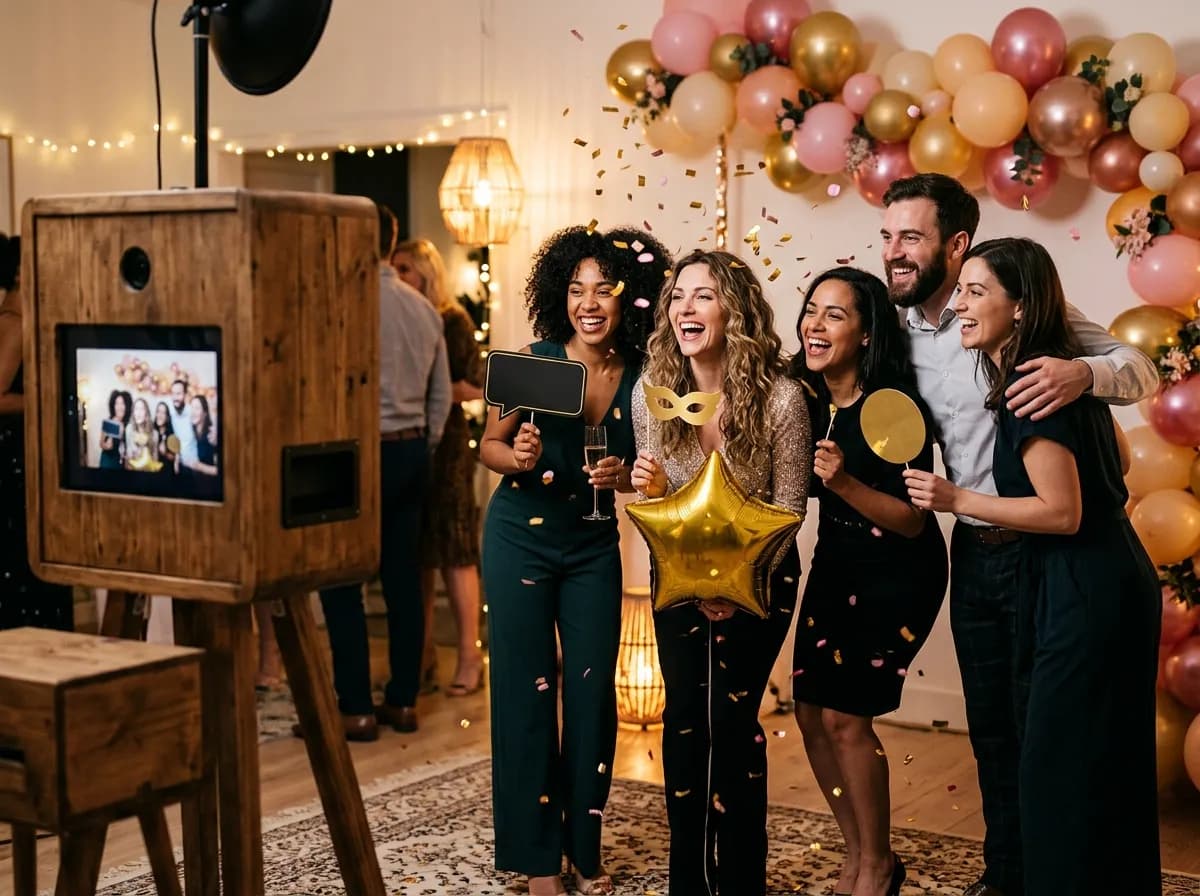 Birthday group posing with balloons at a photo booth