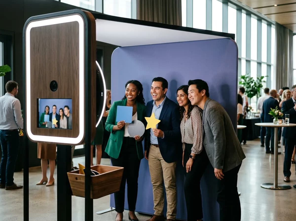 Colleagues at a photo booth at a product-launch venue