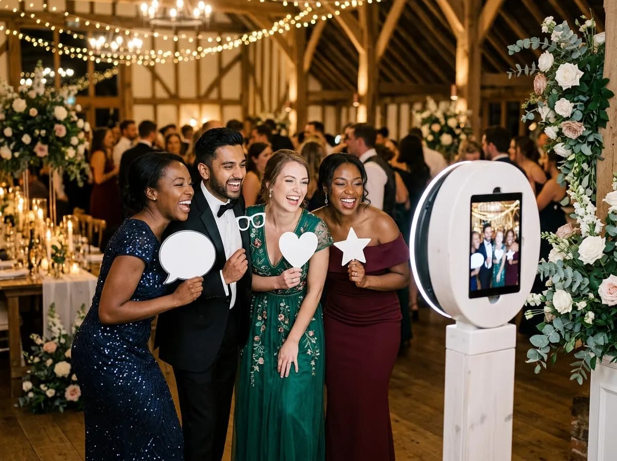 Wedding guests posing at a tablet photo booth in a candle-lit barn