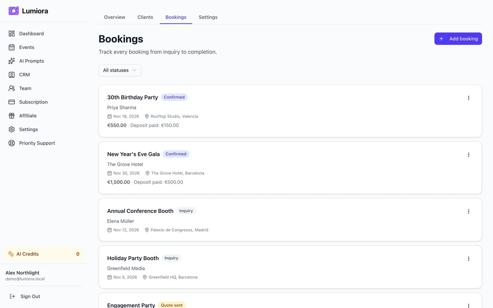 Bookings list showing date, status, and package details