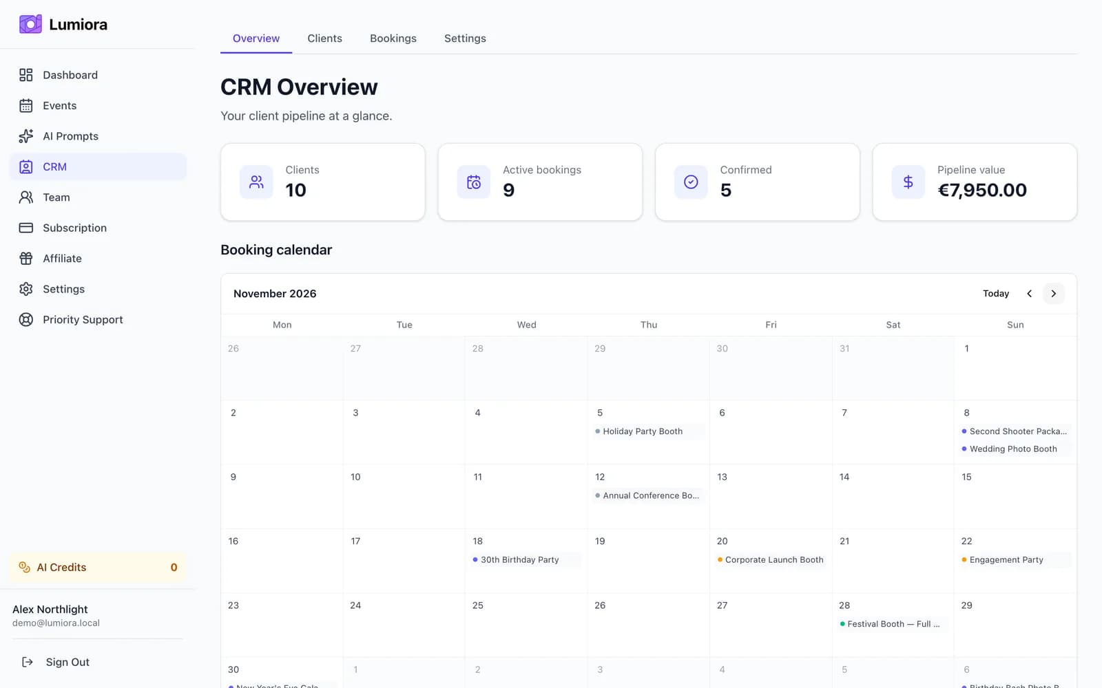 Lumiora CRM overview with a monthly booking calendar and pipeline