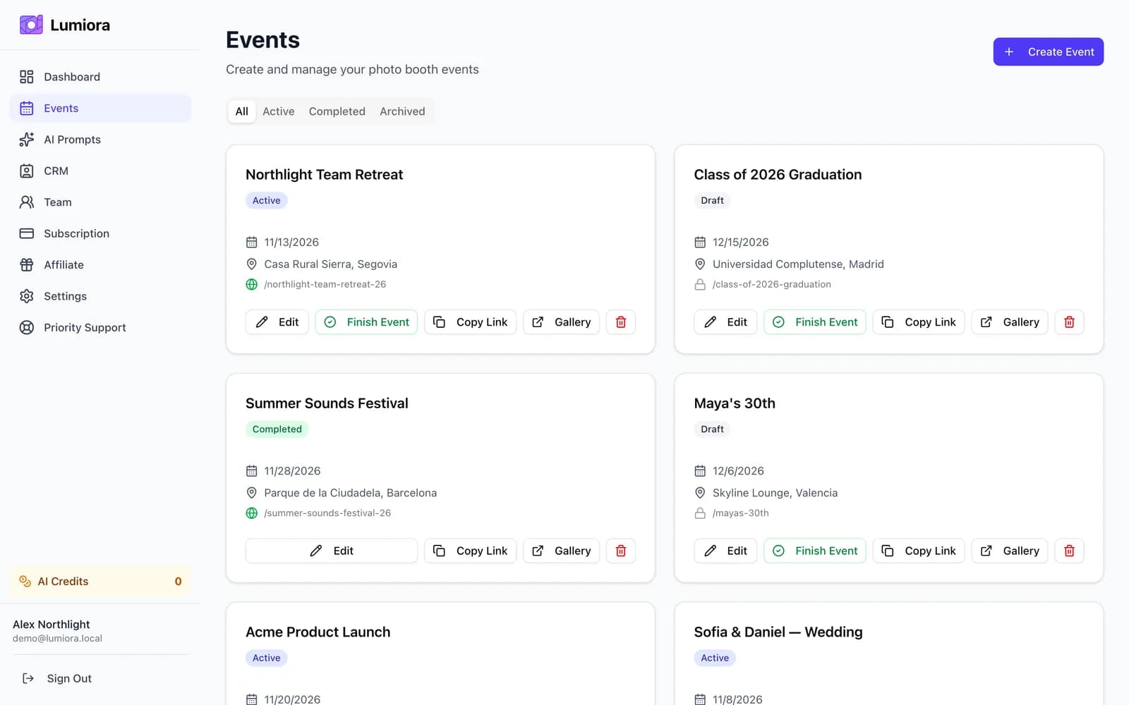 Lumiora events dashboard listing upcoming events
